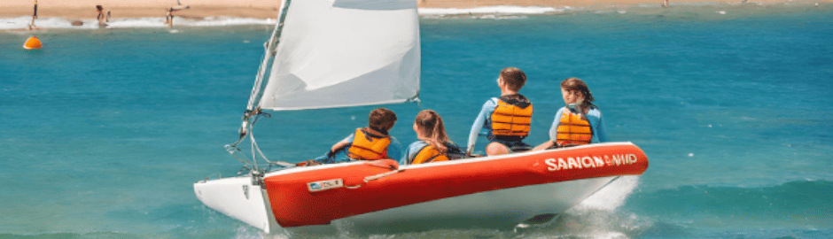 Vier Kinder mit Schwimmwesten auf einem Segelboot im Meer