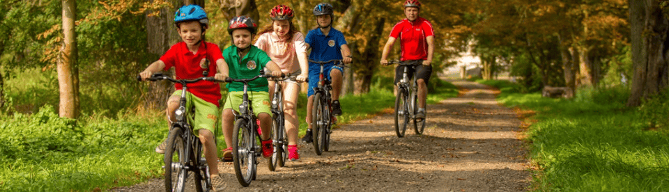 Kinder fahren auf Fahrrädern durch den Wald